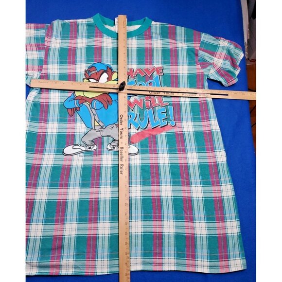 Vintage 90s Looney Tunes Tasmanian Devil (Taz) Plaid Sleep Shirt Men's XL - Picture 6 of 15
